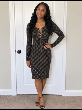 Michael Kors Navy Dress with 
Gold Chain Detail